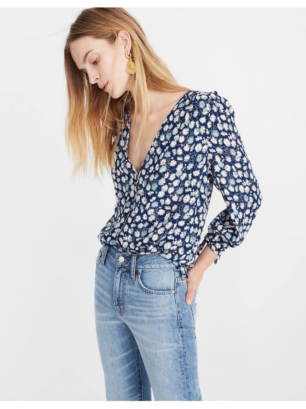 Madewell Navy Daisy Floral Button Front V-Neck Tie Cuff Viscose Top L NEW